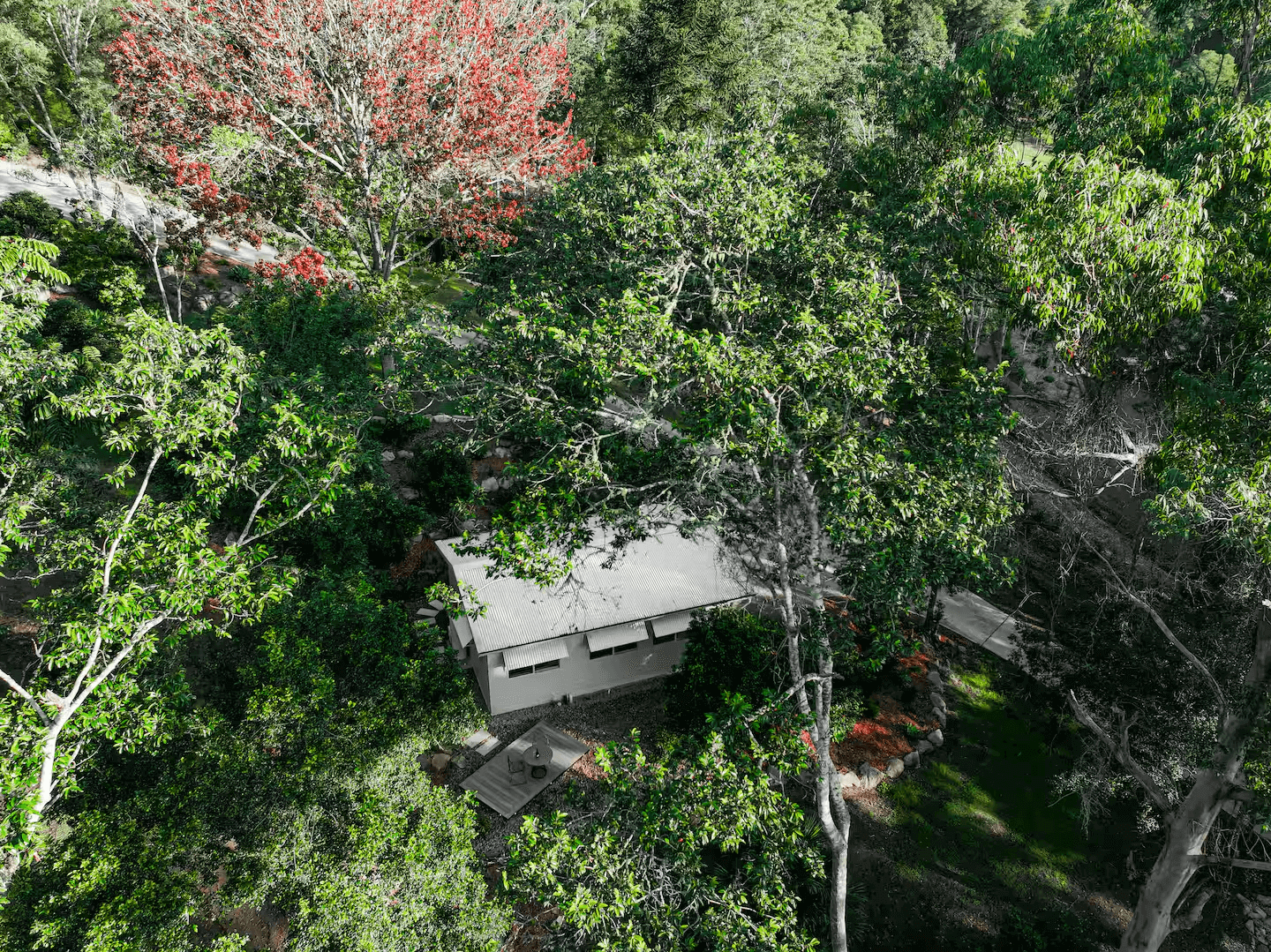 An erial shot of a cottage, surounded by autumn trees
